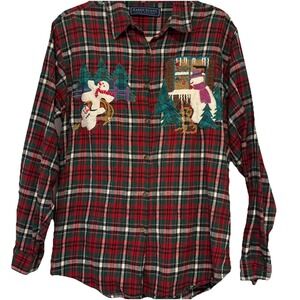 Karen Scott Women's M/L Shirt Top Red Green Plaid Holiday Snowman Christmas READ